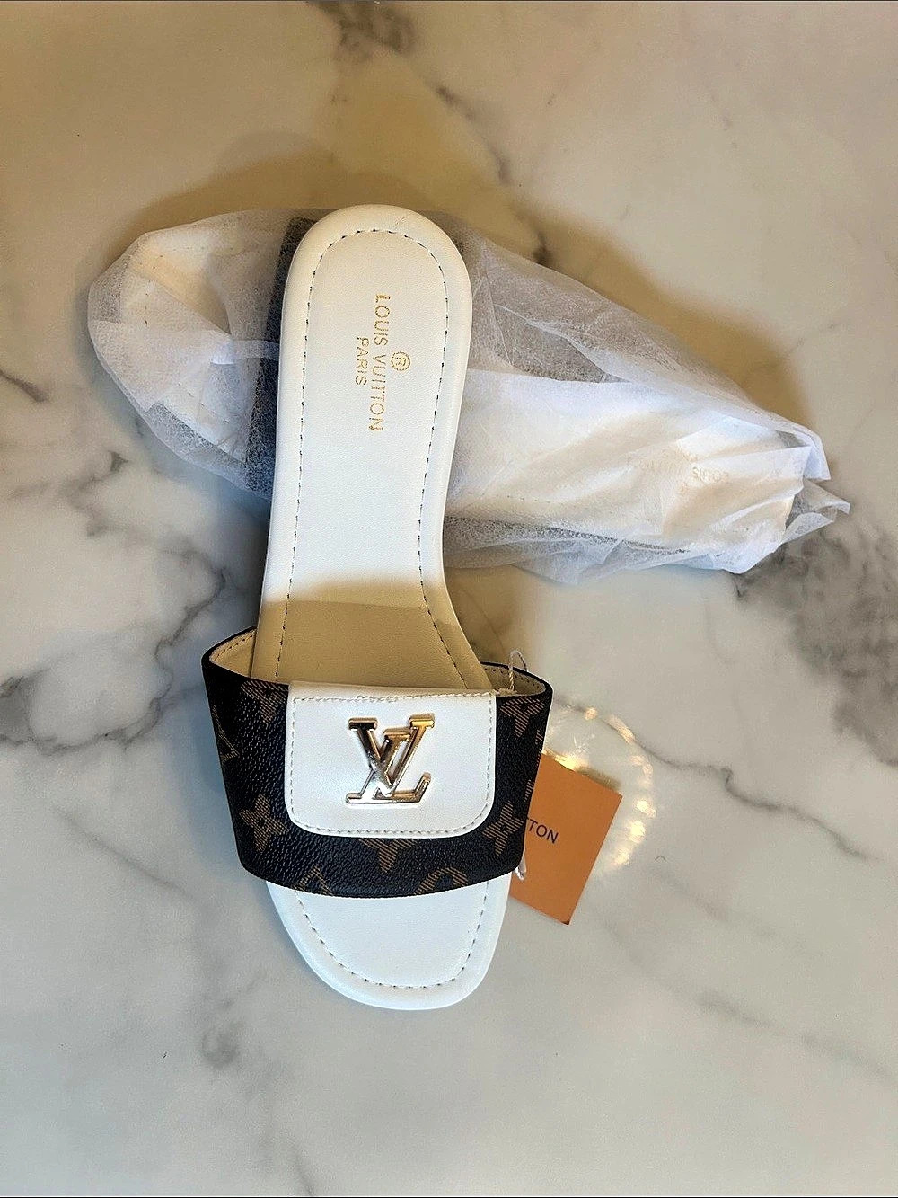 Pool Pillow Comfort Mule Monogram Pool Slides in Brown & White NWT